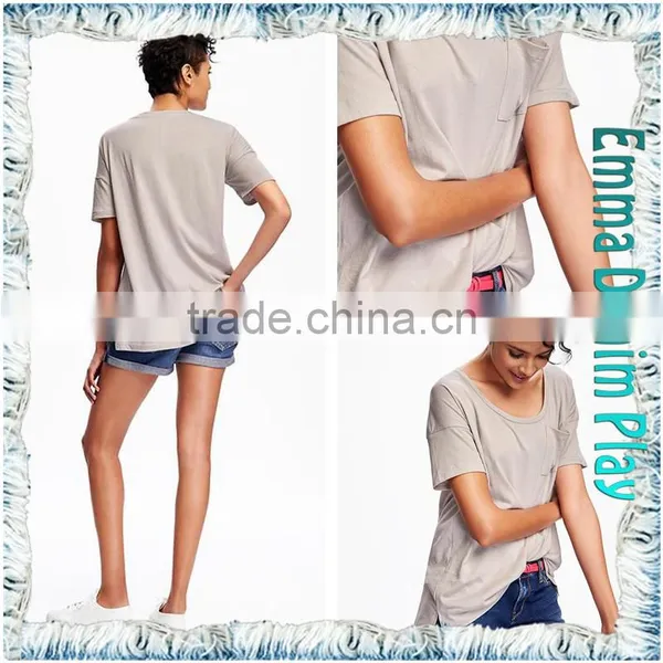 New Stylish Unique Design Front Pocket Girl's Grey Cotton Boat Neck Tee Shirts photo-5
