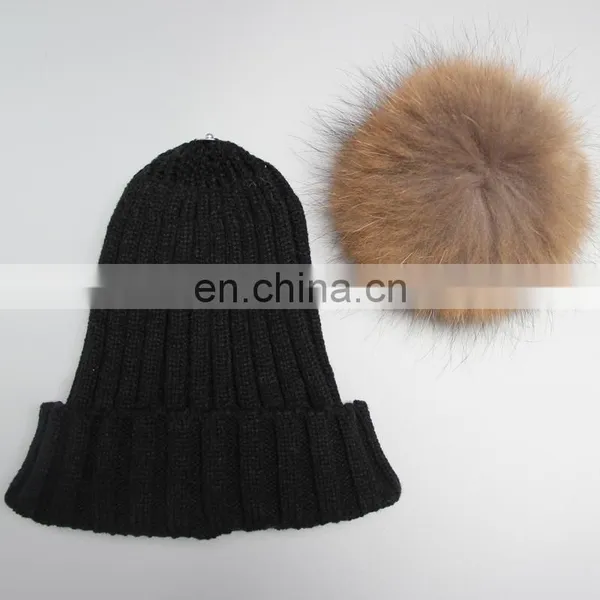 Wholesale Mens Knitted Plain Beanie Hat With Fur Pom Pom photo-6
