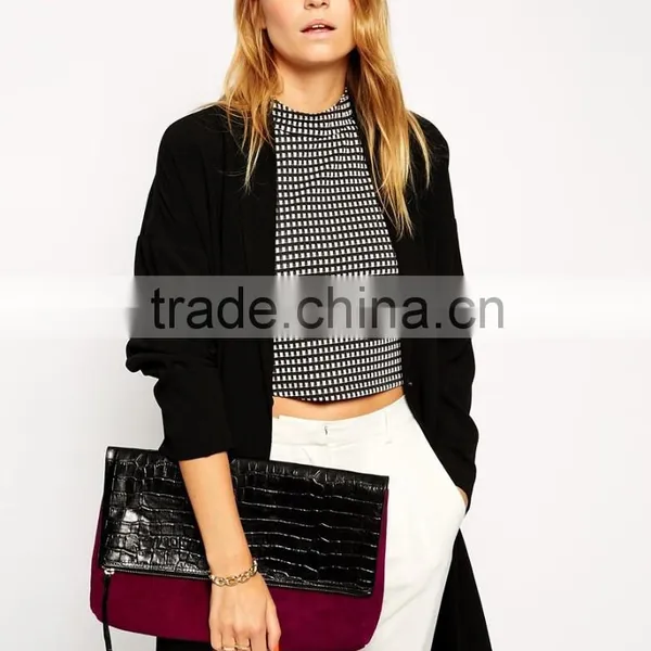 Fashion Foldover Marsala Burgundy Suede Clutch Bag With Crocodile Pattern Flap photo-4