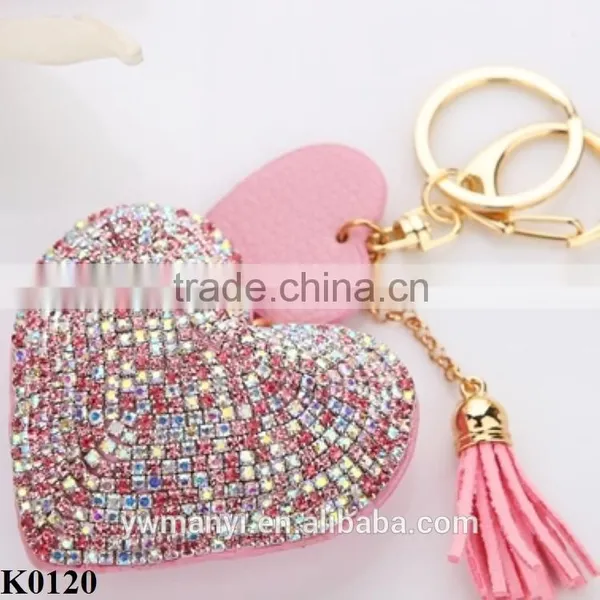 Metal Key Chain Ring Full Rhinestone Heart Crystal Leather Keychain Keyring for Wholesale K0120 photo-2