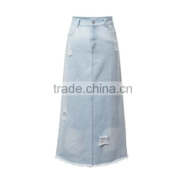 Lastest Fancy Girls Fashion European Type Wash Technics Women High Waist Ripped Denim Jeans Long Skirts