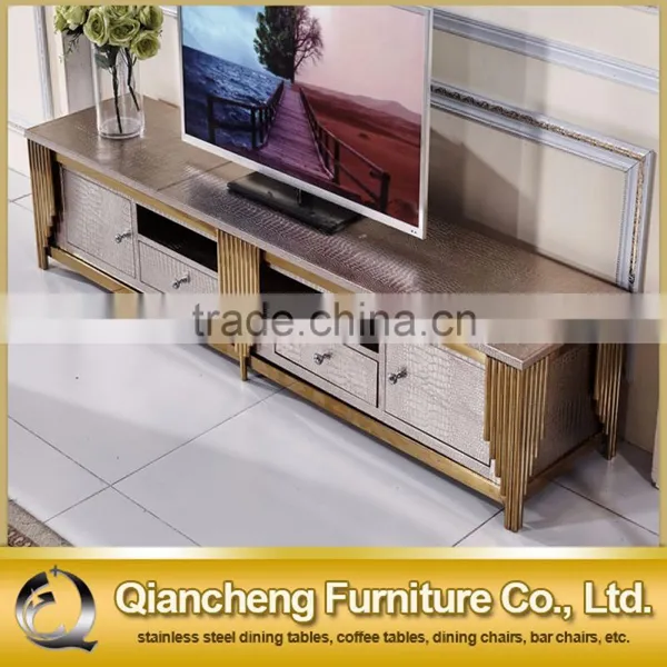 Hotel Furniture Led tv Stand tv Table With Gold Metal Frame pu Cover Top photo-3