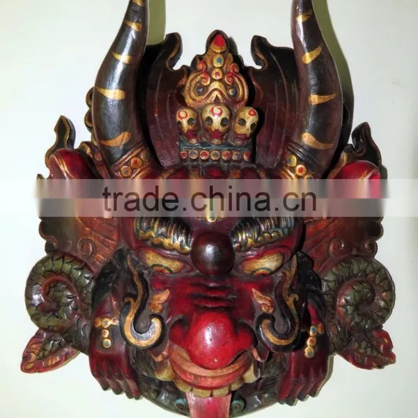 Hand Crafted Wooden Mask of Hindu Buddha Monster Garuda Red Blue Wall Hanging Made in Nepal photo-4