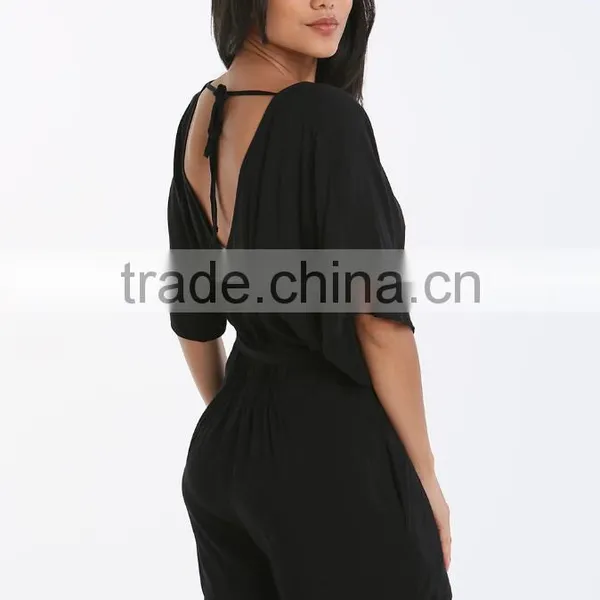 Made In China Deep V Neck Sexy Girls Wearing Jumpsuit Black Beach Wear Short Casual Summer Playsuit For Women photo-4