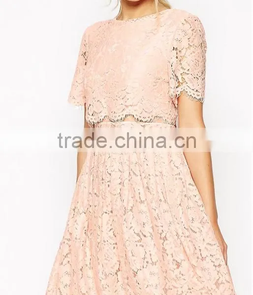 China Guangzhou Clothing OEM Scalloped Edges Round Neckline Crop Top Mesh Insert Midi Women Dress photo-5