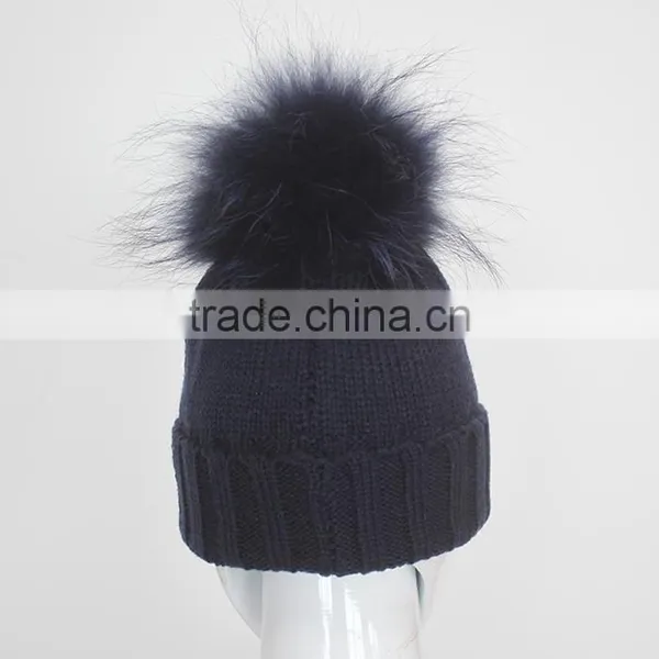 Myfur Navy Knitting Beanie Hat With Stones Real Raccoon Fur Ball Top For Teenager Boys photo-3
