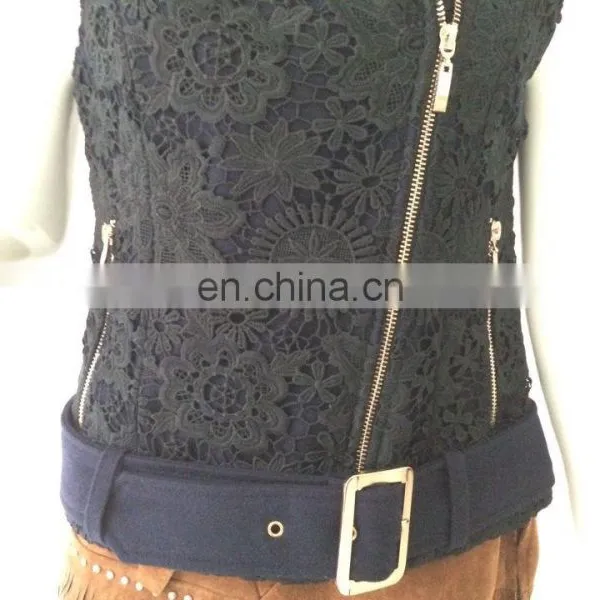 Ladies Fashionable Lapel Sleeveless Lace Vest With Belt photo-3