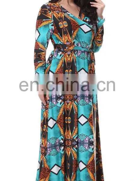 7012# Elegant Front Open Deep V Neck Women Sexy Beach Wrap Floral Long Sleeve Maxi Dress Plus Size Women Clothing photo-3