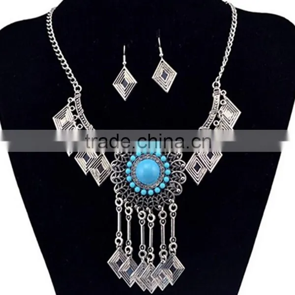 Fashion Jewelry Vintage Look National Style Turquoise Jewelry Set Long Chain Necklace Set photo-2