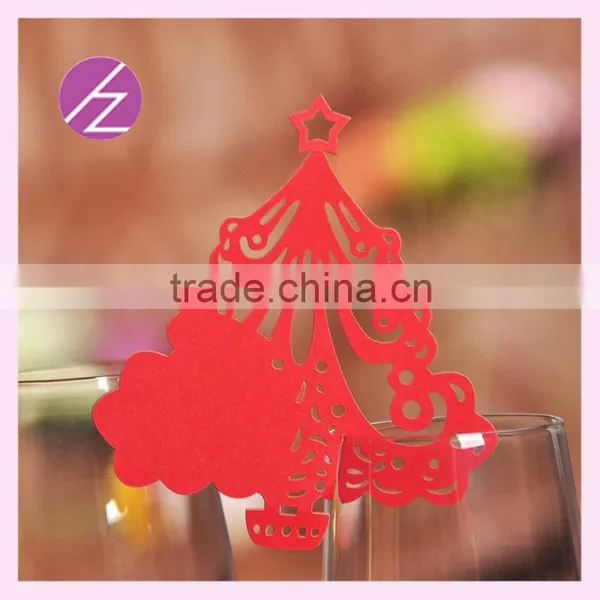 2016 New Design Laser Cut Paper Fashion Happy Christmas Wine Glass Place Card JK-74
