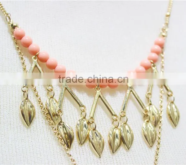 Gold Leaf w/ Pink Turquoise Pendant Necklace Goldtone Triple Necklace Satellite Chain Necklace 2016 Fashion Style Wholesale photo-2