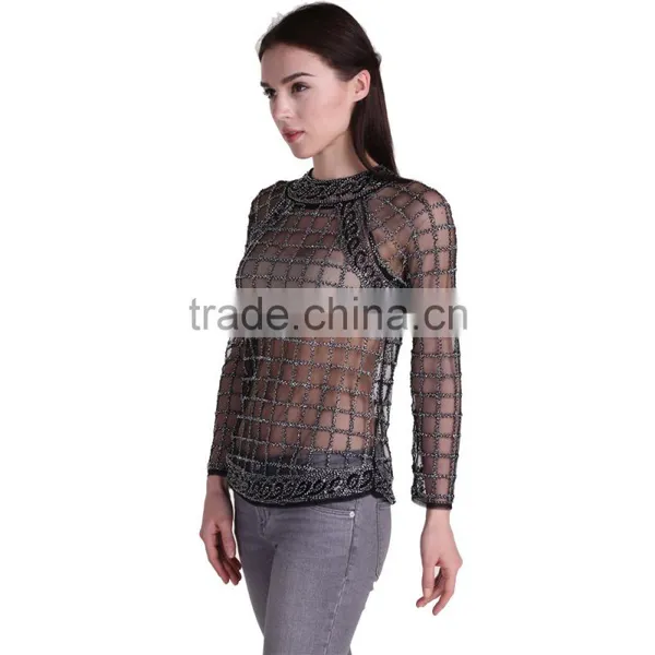 Domin Fashion Wholesale Beading Design Ladies Tops Images photo-5