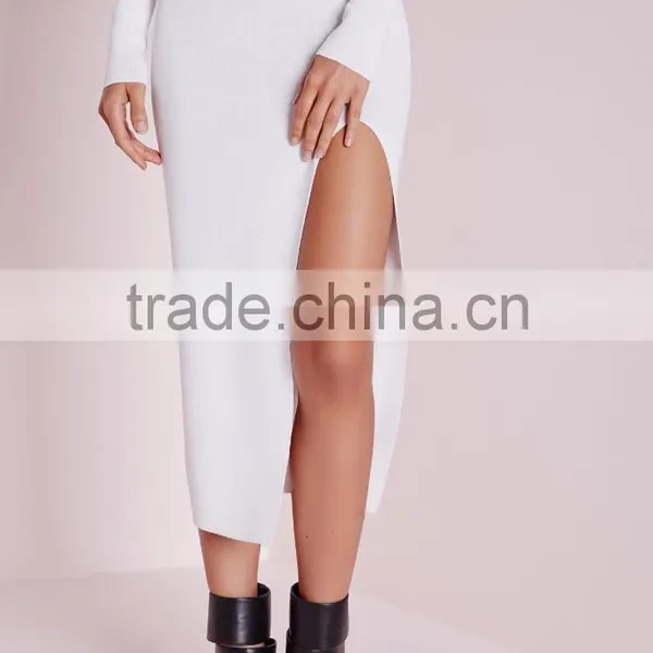 Women Latest Skirt Design Pictures Sexy High Split Midi Skirt White 2015 photo-3