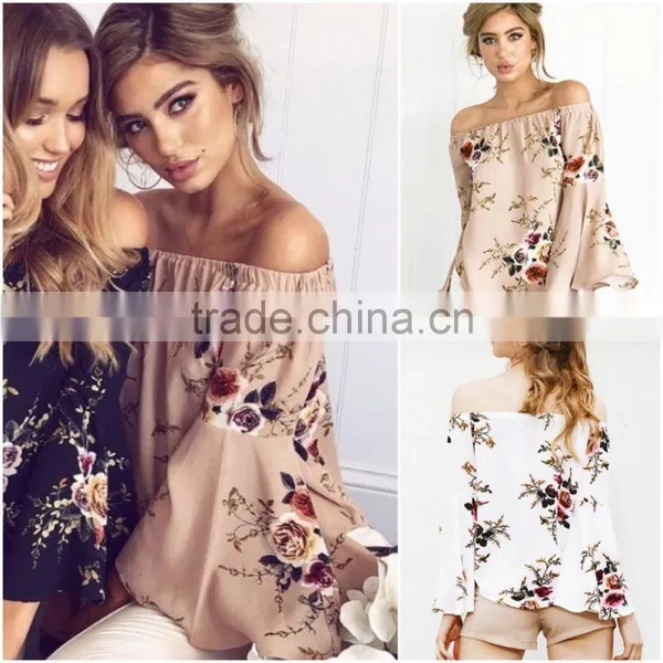 Fashion Blouse Design Floral Tie-Sleeve Off-Shoulder Top&blouse for Sale 2017