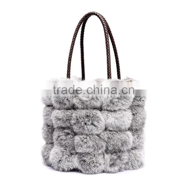100% Real Rabbit Woman Bucket Handbag Rabbit Fur Ball Ladies Shoulder Bag photo-5
