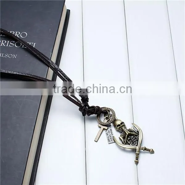 Coffee Cord Pewter Halloween Skeleton Skull Cross PU Leather Punk Style Adjustable Necklace photo-3