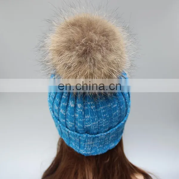 New Product Colorful Knit Hats Wholesale Fancy Raccoon Fur Ball Women Floppy Hat photo-4
