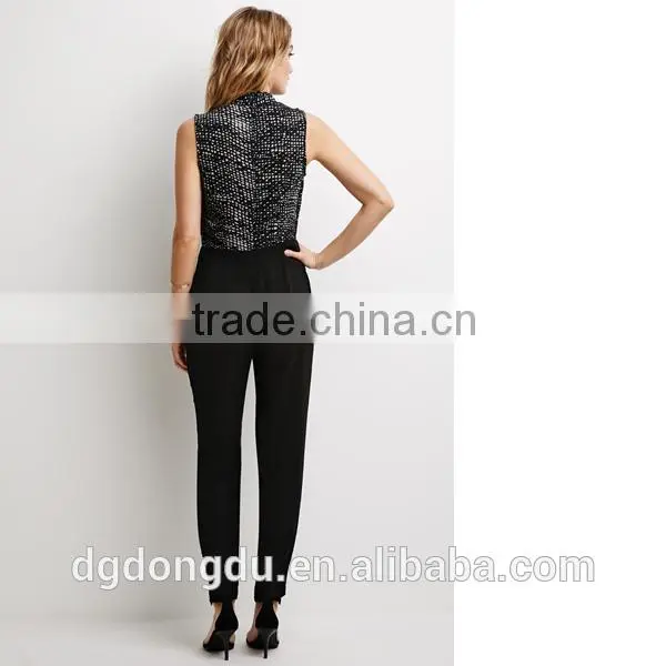 2016 Hot Sell Fashion Design Contrast Color Speckle Jumpsuit for Women Black Jumpsuit From Plus Size Dress