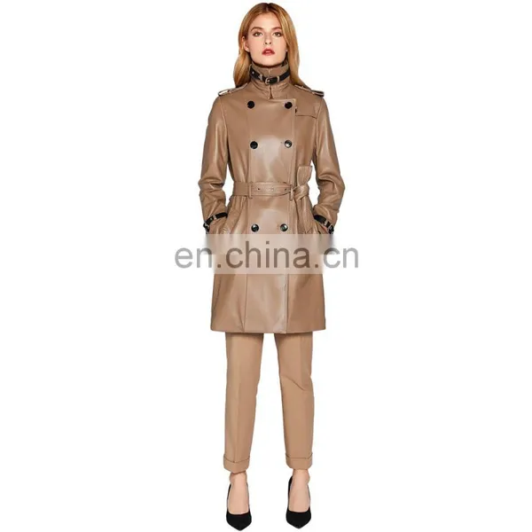 Women Lambskin Leather Double Breasted Long Jacket Coat With Belt photo-2