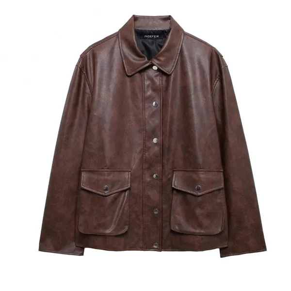 New Women's Vintage Loose Casual Long-sleeved Pocketed Faux Leather Blazer With Collar. photo-2