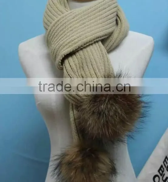 2016 Winter Newest Fashion 100% Real Raccon Fur Pompom Wool Knitted Women Crochet Scarf photo-2