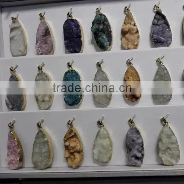 Druzy Pendant Wholesale, Colorful Gold Plated Natural Druzy Connectors