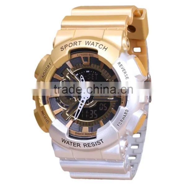 Sanda Men's Teens Sports Watch Water Shock Resist Dual Time Analog Digital LED Light Wristwatch - Gold/Silver