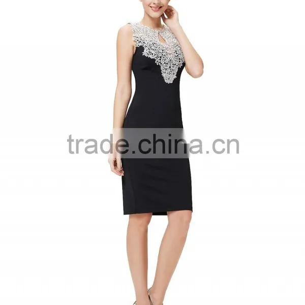 New Arrival Women Evening Wear Sleeveless Navy Blue Bodycon Dress With Lace Trims photo-5