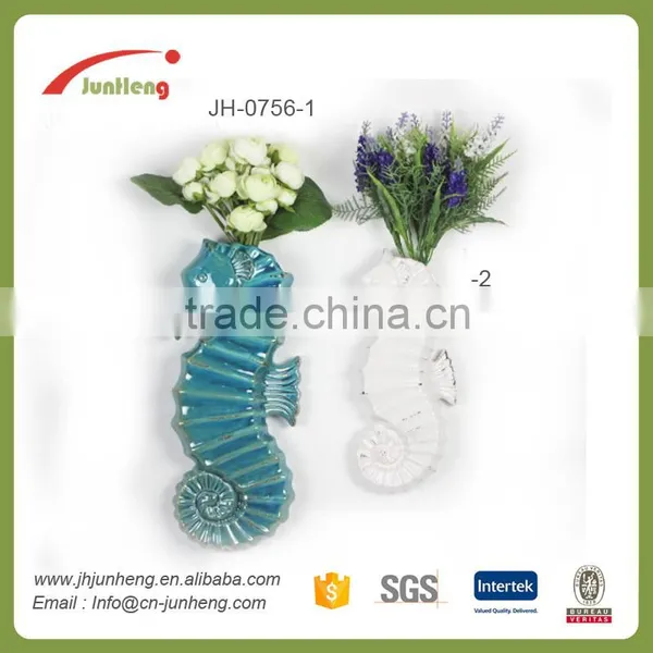 Home & Garden Glazed Sea Horse Blue White Ceramic Wall Mounted Plant Pots for Planters