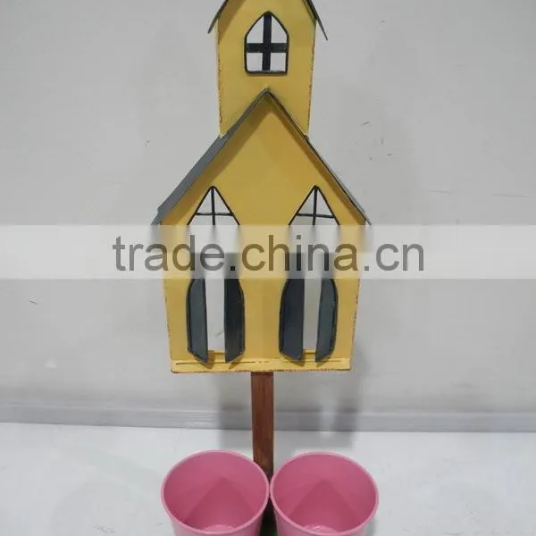 Home and Garden Decorative Planter Box With 2 Metal Pots in House Shape and Window Pane Design photo-5