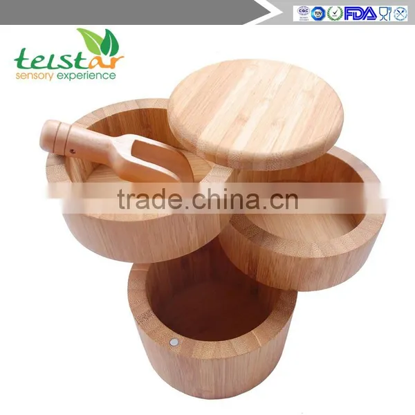 Bamboo 3-Tiered Seasoning Spice Salt Storage Box With Removable Rotating Magnetic Lid photo-5