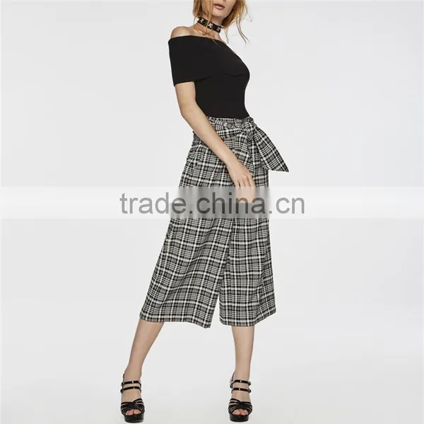 Black and White Patterned Bow Embellished Tartan Culotte Pants Slacks photo-2