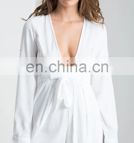 White Long Sleeve Plunge Adult Romper Pattern Summer Maxi Playsuit photo-6