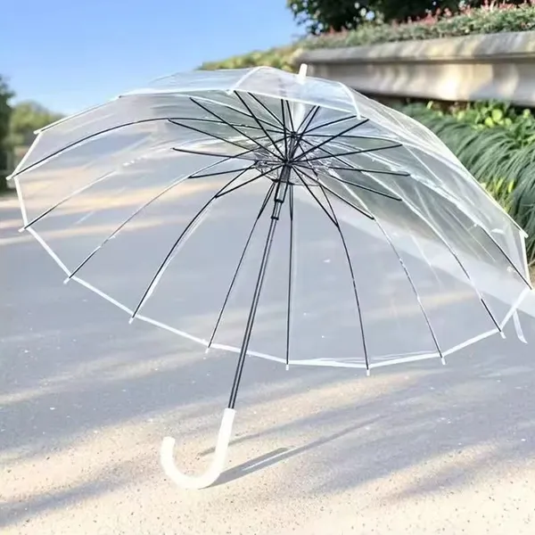 Strong Windproof Rainproof Straight Curved Handle Shaft 16 Ribs Bones Thickened Reinforced Auto Open Durable POE Clear Transparent Golf Umbrella