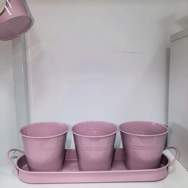 Pink Metal Planter Set With Tray, 3pcs Tapered Flower Buckets With Metal Handle Tray for Home Garden Decor