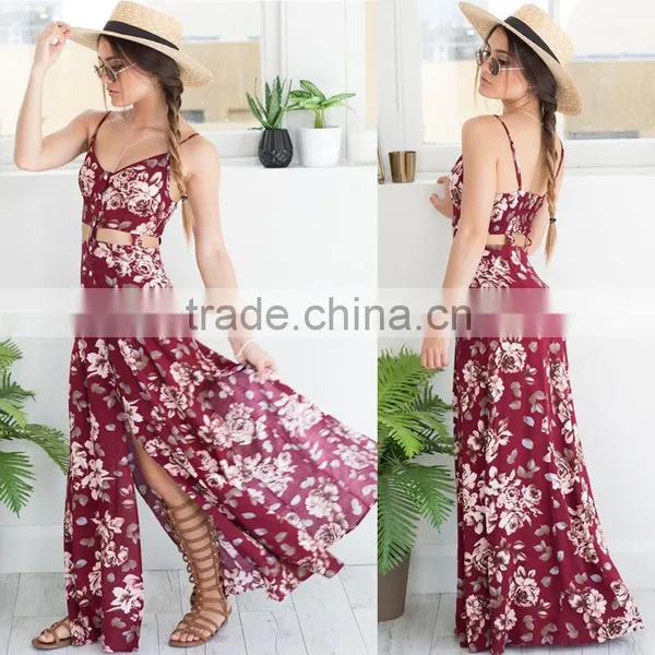 Spaghetti Strap Floral Two Piece Outfit Maxi Boho Dress With Button up photo-2