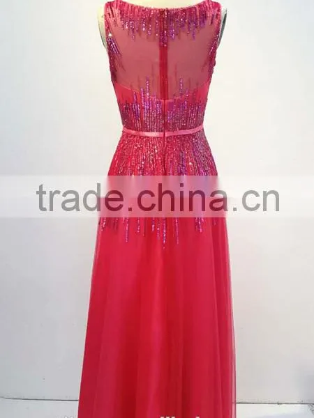 Red Sleeveless Chaozhou Beaded Long Evening Dress photo-3