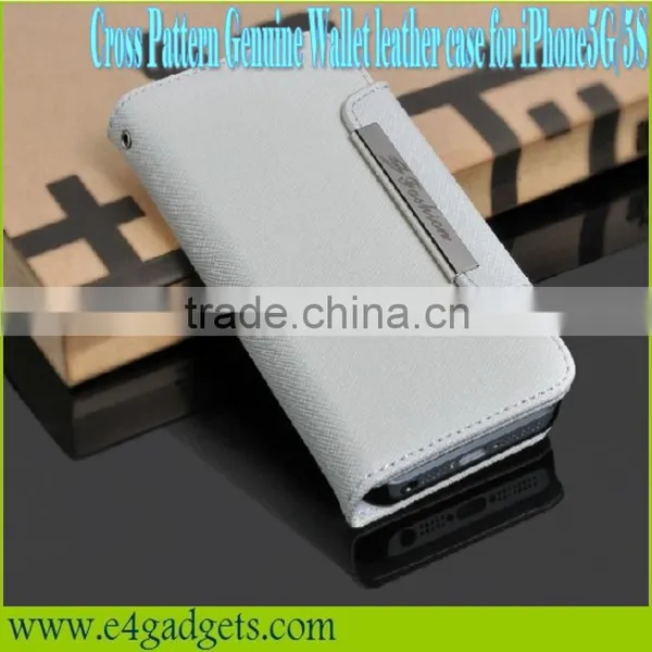 High Quality and Fashion Design Cross Pattern Cowskin Folio Wallet Leather Case for Iphone5 With Card Slots photo-3
