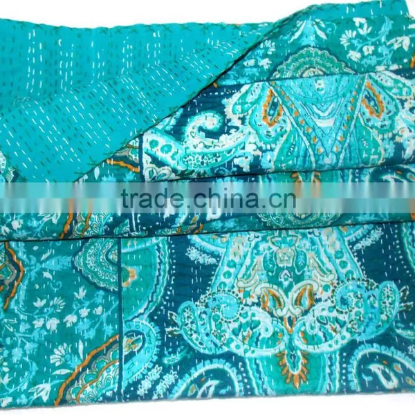 Ndian Kantha Quilt Paisley Queen Size Cotton Reversible Bedspread Throw photo-3