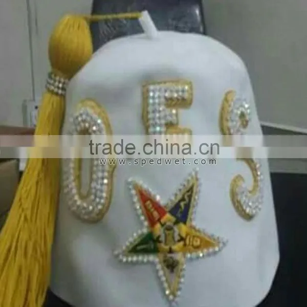 Queens Fez Hat Rhinestones Jeweled Embroidery Oes Star 3 Row White Wool Masonic Fez Hat photo-2