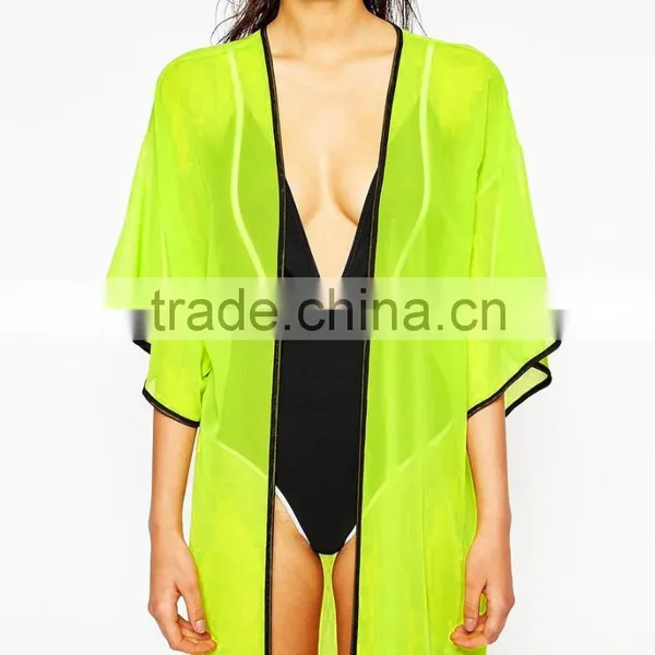 Summer Beach Style Women Beachwear Cover Up Beach Ladies Sexy Contrast Trim Long Beach Kimono Style Swimwear photo-5