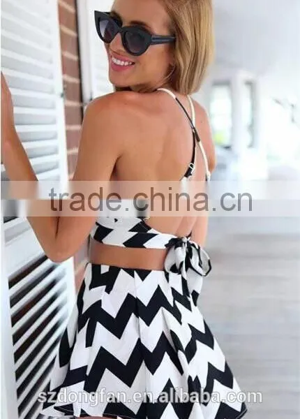 Wholesale Women Clothing Women Summer Dress Striped Playsuit Summer Style Shorts Backless Sexy Jumpsuit Crop Top and Skirt Set photo-3