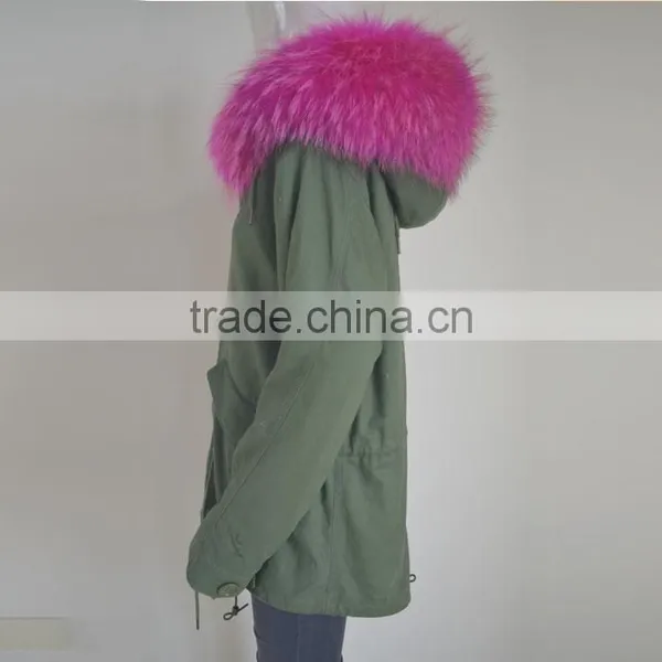Myfur Long Parka With Rose Hot Pink Raccoon Fur Hood For Ladies photo-3