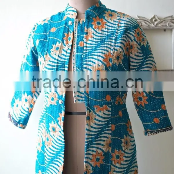 Vintage Kantha Long Accent Jacket in Turquoise & Orange ~ Medium photo-3