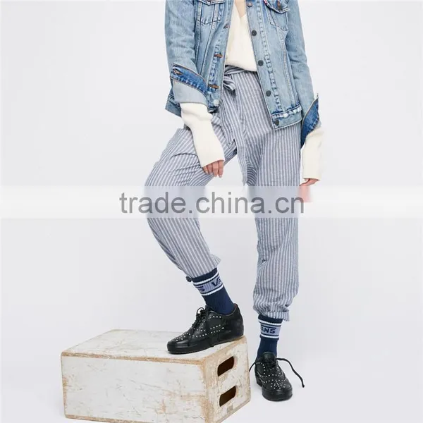 Ladies Navy Blue Jogger Pants Cotton-linen Wide Striped Trousers photo-6
