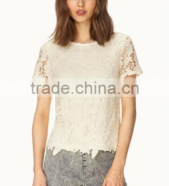 Latest Fashion Short Sleeve Plain White Lace Top Lined Woman Lace Top