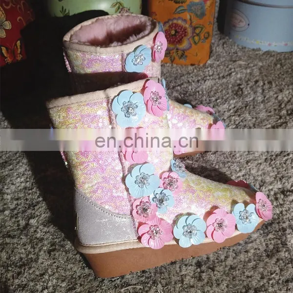 Aidocrystal New Designed Flower Women Bling Pink Sequins Wedge Heel Ankle Snow Boots photo-4