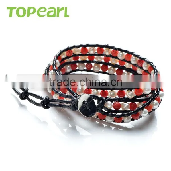 Topearl Jewelry Potato Shape White and Coral Freshwater Bracelet Woven Leather Wrap Bracelets Designs for Girls CLL165 photo-2