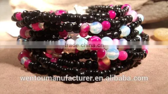 Black Glass Beads Moonstone and Pink Stripped Agate Bracelet photo-3
