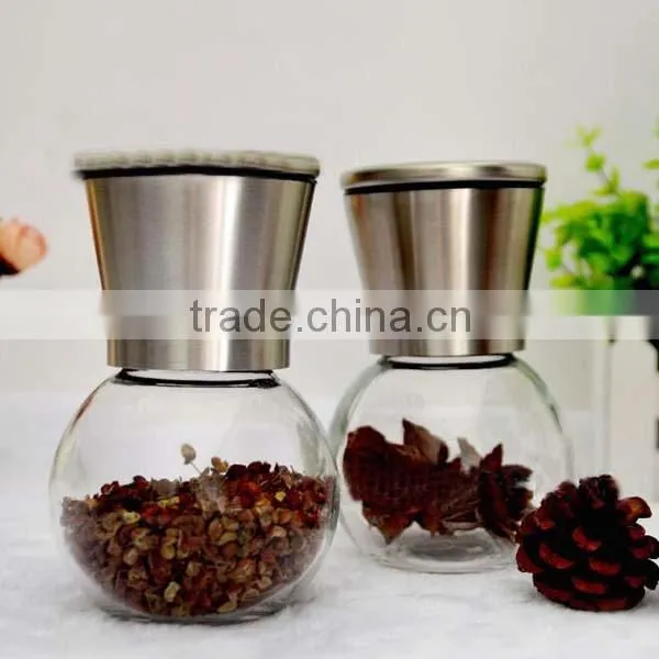 Unique Design Brushed Stainless Steel and Glass Salt and Pepper Grinder Set Large Capacity Round Glass Body photo-2